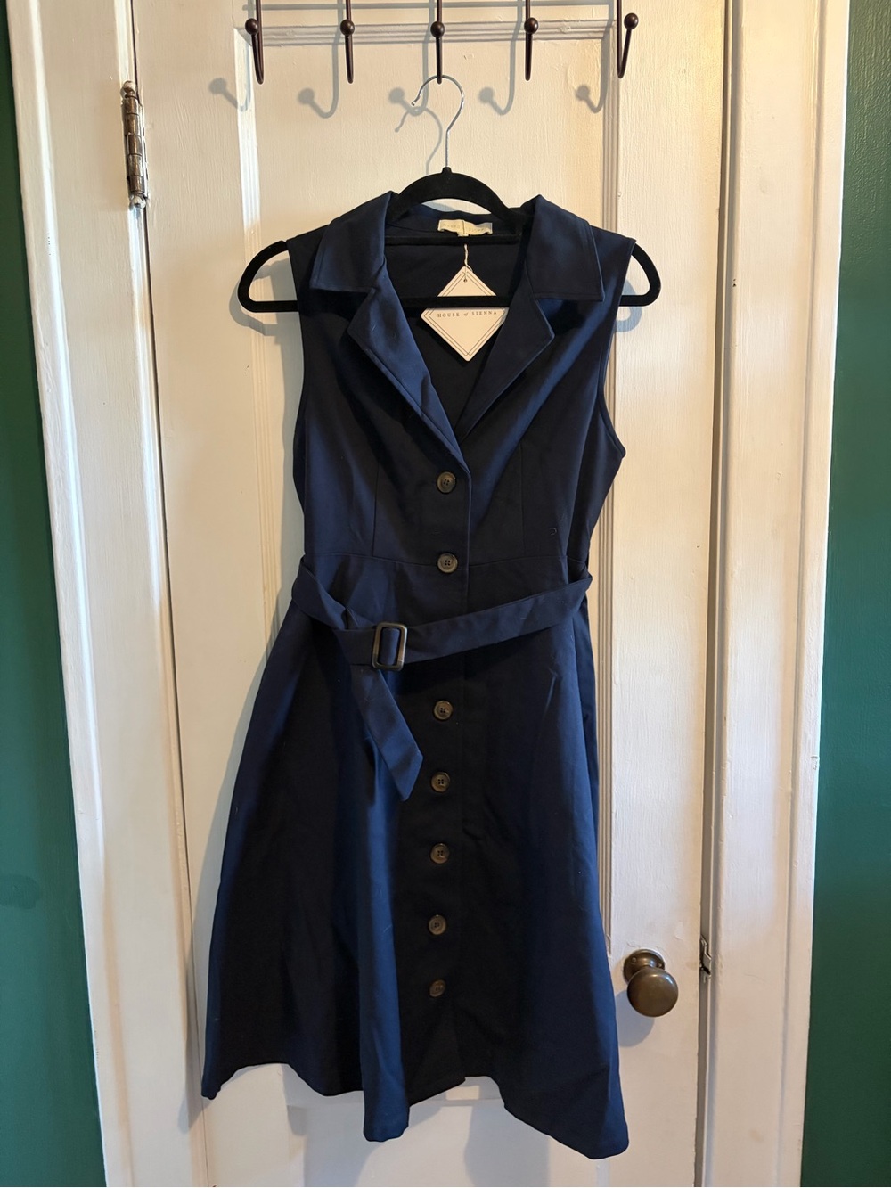 Sleeveless Button-Front Midi Dress in Navy with Belt